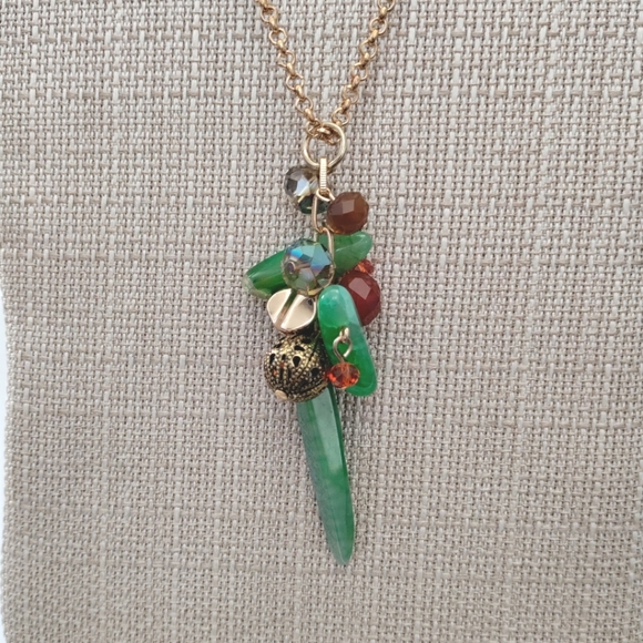 Handbeaded Jewelry Necklace Green Agate Gold Cluster Pendant Long 20-22" - Picture 2 of 2